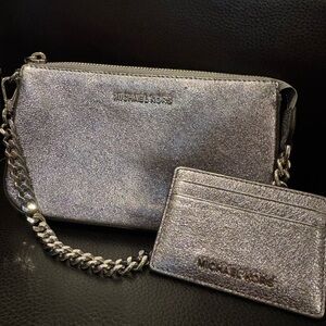Michael Kors Metallic Silver Clutch and Card Holder
